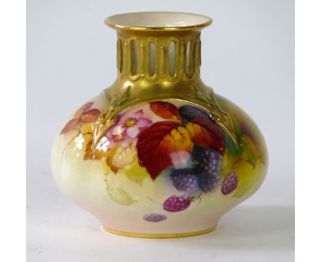 A Royal Worcester blush ivory vase, painted by Kitty Blake, dated 1936
Of lobed ovoid form rising to a pierced gilt everted r