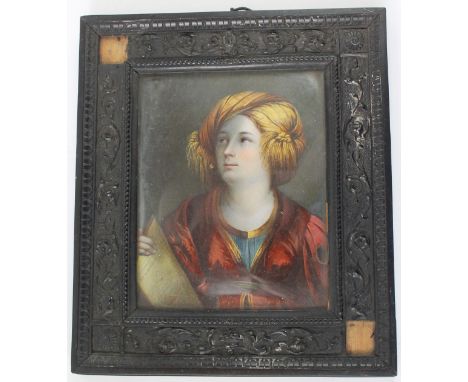 Portrait miniature of a young girl holding a mathematical document late 19th Century
Copy from the original Ferrara collectio