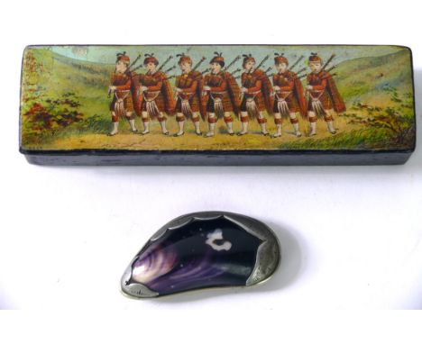 A mussel shell and white metal snuff box, late 19th Century 
The engraved lid with the name W Hawkins Strood, length 88.5cm, 