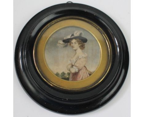 Circular portrait miniature of Lady Peel early to mid 19th Century
Picture depicting Lady Peel wearing a hat with folded arms