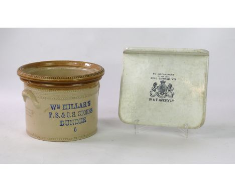 A William Millar's of Dundee advertising butter crock
Impressed in blue, made by A.W Buchan & Co Scotland, height 16cm, toget