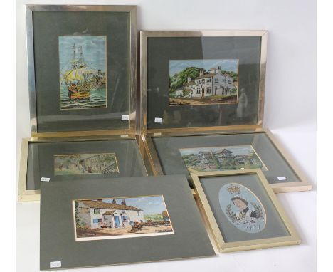 Collection of six Macclesfield silk pictures 
To include five framed and glazed examples to include 'Sailing of Mayflower 162