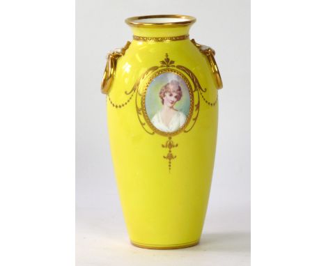 A Minton lemon yellow round portrait vase, signed M Dudley, circa 1860
Of tapered ovoid form rising to a gilt everted rim fla