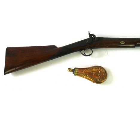 A mid 19th Century percussion cap single barrel shot gun
76cm barrel, engraved lock and hammer, three quarter stocked, copper