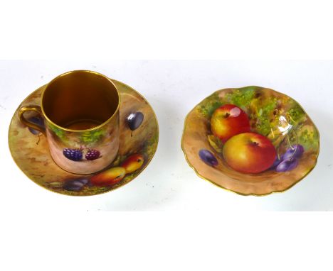 Two pieces of Royal Worcester hand painted fruit
To include coffee can and saucer, the can painted by Charles Mozley, printed