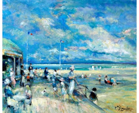 Micheal D'Aguilar (British, b.1924) - 'Cafe de la Plage'
Oil on panel, signed, bears certificate of authenticity and printed 