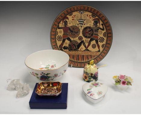 A Royal Crown Derby 1128 pattern trinket dish, solid gold band, 9.5cm wide, first quality, boxed; a pair of Swarovski crystal