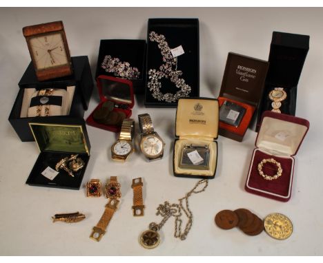 A Ronson cigarette lighter, boxed; another; cuff links, costume jewellery; a travel clock; a Sekonda lady's wristwatch and br