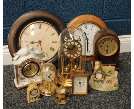 A brass anniversary clock, other wall clocks, carriage clock, decorative mantel clocks; qty