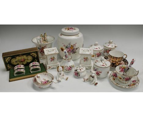 A Royal Crown Derby Posie pattern ginger jar and cover, 18cm; a pair of square shaped candlestick holders; three preserve pot