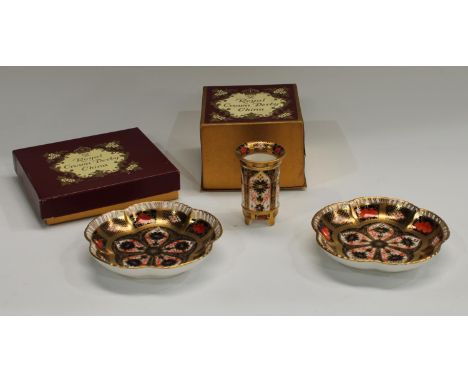 A pair of Royal Crown Derby Imari palette 1128 pattern five petal pin dishes, 12cm diam, first quality, one boxed; an 1128 mi