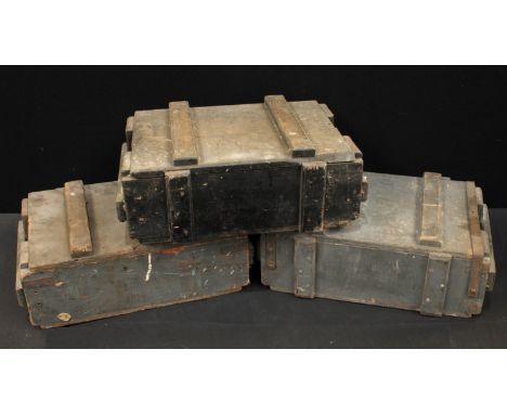 A painted pine ammunition box, hinged cover, metal mounted, 42cm wide; two others similar (3)