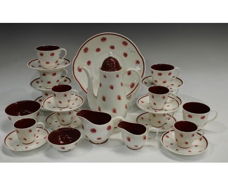 A Susie Cooper One O'Clocks pattern tea set, printed with dandelions in red on a white groound, printed marks