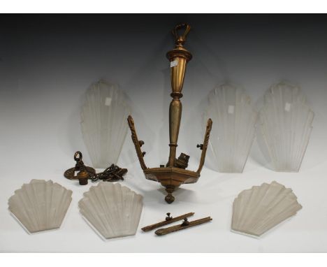 A set of six Art Deco clear and frosted glass fan shaped light shades, angular form, each 28cm high, the original gilt brass 
