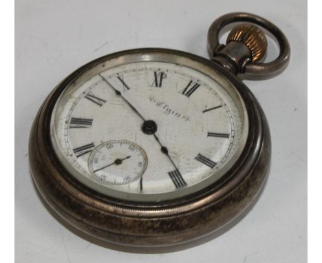 An American Elgin sterling silver cased open face pocket watch, white enamel dial, bold Roman numerals, button wind movement,