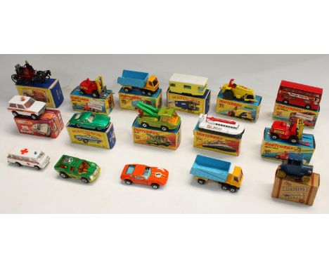 Matchbox Toys -1-75s series, 15 Fork Lift Truck x2; 17 Londoner Bus; Rola-matics 20 Police Patrol Car;  21 Rod Roller;  23 Tr