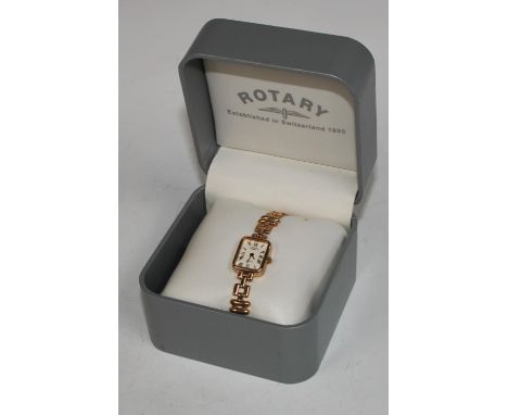 A Rotary Elite ladies 9ct gold cased quartz dress wristwatch, 9ct gold bracelet, 15.9g gross, boxed