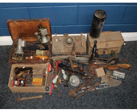 Carpentry and Woodworking - shed and outbuilding contents, hand tools, planes, drill, paraffin lamp, magic lantern chimney, t