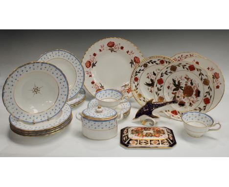 A Royal Crown Derby paperweight, Dolphin, gold stopper; a Royal Crown derby Bali pattern plate; an Imari palette 2451 pattern