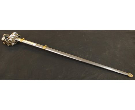 A cavalry officer's dress sword, studded basket hilt, etched blade, steel scabbard, 20th century