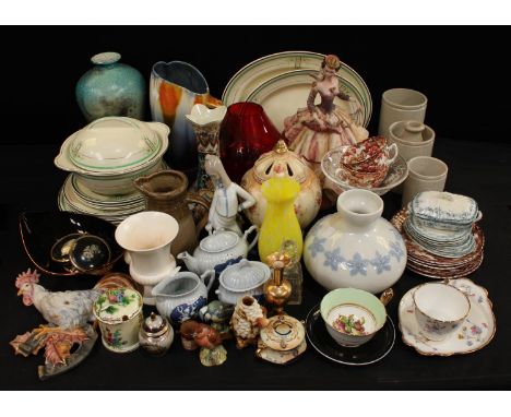 Ceramics - a Nao squat vase; an Italian figure of a lady with doves; studio pottery; a Staffordshire Art Deco part dinner ser