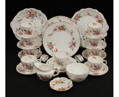 A Royal Crown Derby Posie pattern tea set, nine cups, saucers and tea plates, milk and sugar, sandwich plates, pair of floral