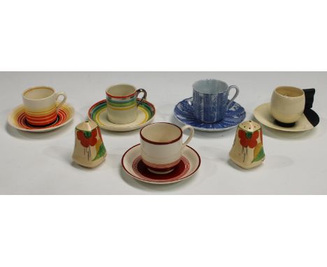 A Clarice Cliff monochrome coffe cup and saucer; others, Gray's Pottery Art Deco coffee can and saucer, etc