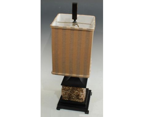 Interior Design - a contemporary textured amber glass table lamp, tall rectangular shade with vertical stripes, 65cm high ove