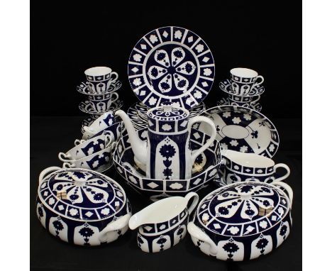A pair of Royal Crown Derby unfinished blue and white oval vegetable dishes and covers, coffee pot, cups, saucers, tea plates