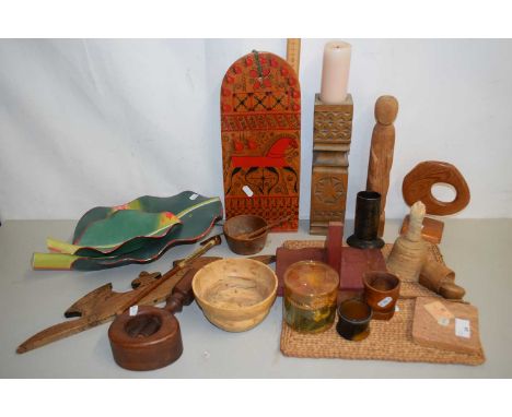 Mixed Lot: Wooden nut cracker, candlestick, leaf formed dishes and various other items