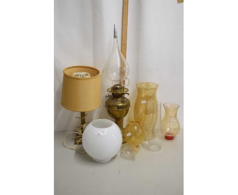 Mixed Lot: A brass based oil lamp, a brass table lamp plus various other glass light shades