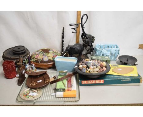 Mixed Lot: Chinese hardwood vase stand, boxed Scrabble game, various polished pebbles, magnifying glass, tapestry footstool e