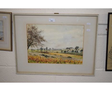 Landscape view with Church and village beyond, signed R Joy, watercolour, framed and glazed