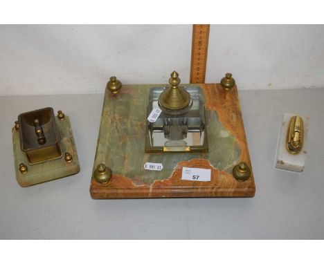 A marble based ink stand together with a further table lighter and a further pen stand