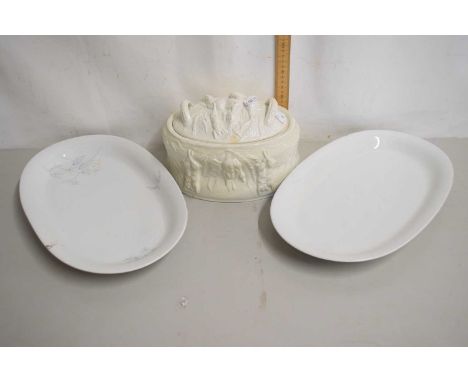 A Portmeirion casserole dish and two white serving dishes