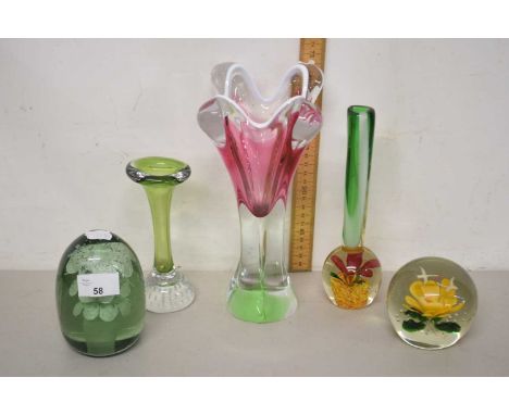 Mixed Lot:  Three Art Glass vases, a green dump paperweight and one other (5)