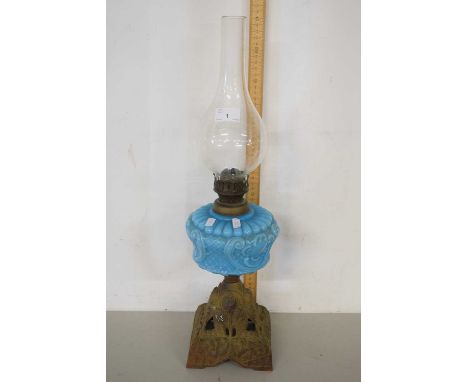 Late Victorian oil lamp with pale blue glass font