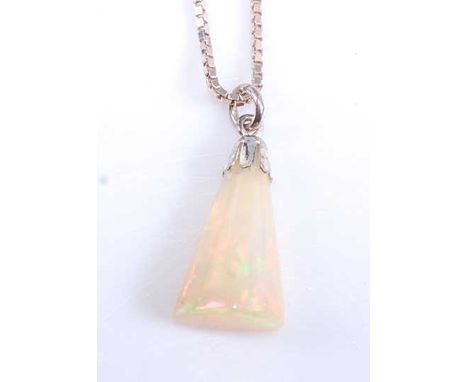 An abstract opal pendant, measuring 20 x 12mm with white metal fitting, attached to a white metal 1.2mm boxlink chain with bo