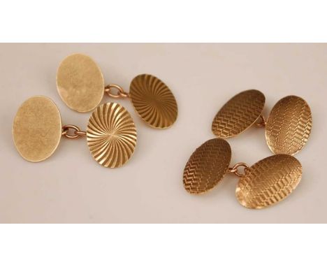 Two pairs of 9ct yellow gold double-ended cufflinks, one pair with oval engine turned plates, dimensions each 18 x 11mm, part