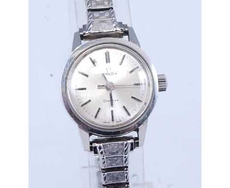 A lady's Omega Geneve steel cased wristwatch, having signed silvered dial, cal.485 manual wind movement, and screw-down back 