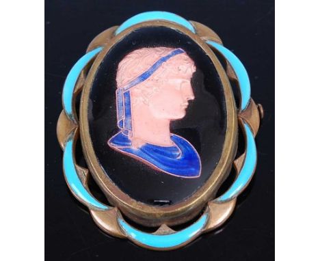 E Bouillot - a gilt metal and enamel brooch depicting profile bust portrait of a Roman man, within further turquoise enamelle