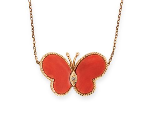 VINTAGE CORAL AND DIAMOND BUTTERFLY PENDANT NECKLACE in the form of a butterfly set with a round cut diamond and coral wings,