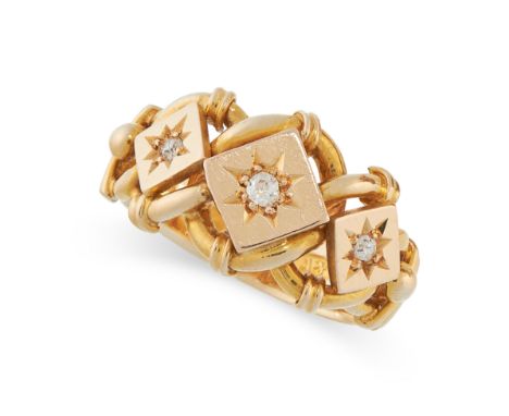 ANTIQUE DIAMOND RING, 1916 in 18ct yellow gold, comprising of three old cut diamonds in star motif, in a twisted rope border,