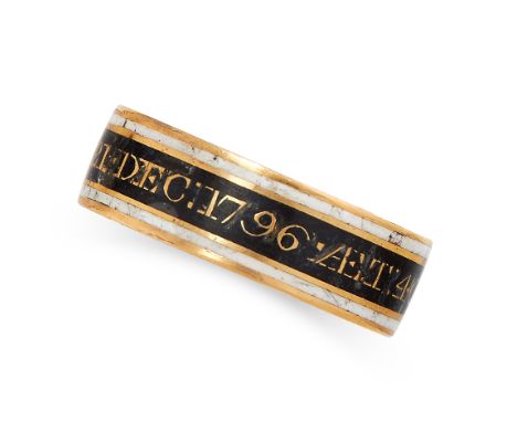 ANTIQUE ENAMEL MOURNING RING CIRCA 1796 in 18ct yellow gold, of band design, set with black and white enamel over gold letter
