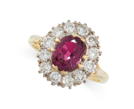 UNHEATED RUBY AND DIAMOND RING in 18ct yellow gold, in cluster form, set with a cushion cut ruby of 1.84 carats in a border o