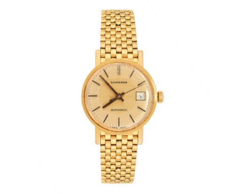VINTAGE LADIES WRISTWATCH, LONGINES with gold dial, on articulated mesh link chain, stamped 9 375, 16cm, 36.7g.