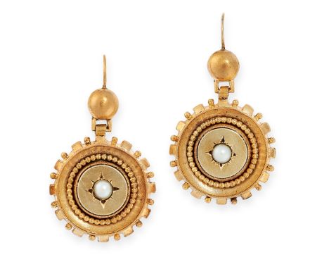 PAIR OF ANTIQUE PEARL EARRINGS, 19TH CENTURY in yellow gold, in the Etruscan revival manner, each formed of a gold bead suspe