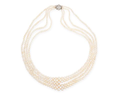 PEARL AND DIAMOND NECKLACE designed as four rows of graduated pearls measuring 2.5-7.1mm diameter, to an open work clasp of c