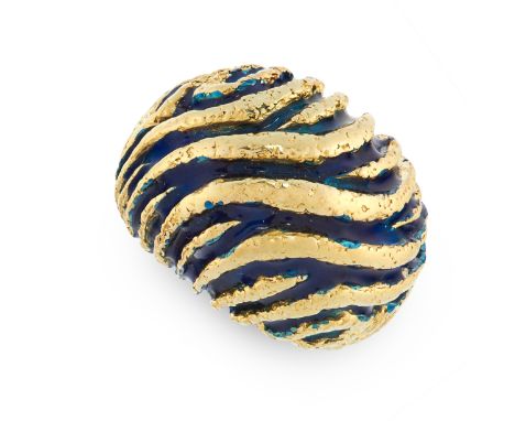 ENAMEL RING, VAN CLEEF &amp; ARPELS in bombe form, the surface textured with alternating twisted gold motifs accented by blue