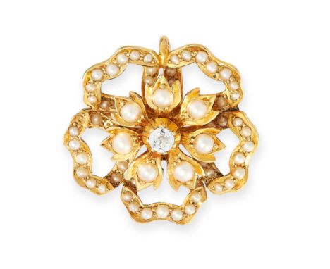 ANTIQUE PEARL AND DIAMOND BROOCH / PENDANT in yellow gold, in the form of a flower within a ribbon border, set with a central